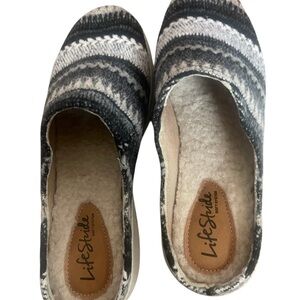 Life Stride  Black and Gray Patterned Sherpa Slip-Ons